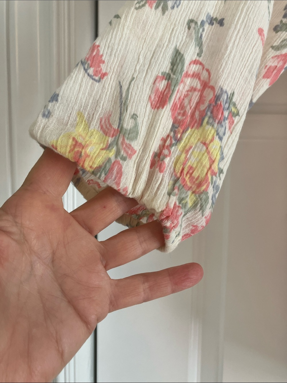Chaps Cream Floral Peasant Top with Coral and Yellow Blooms - Picture 5 of 7